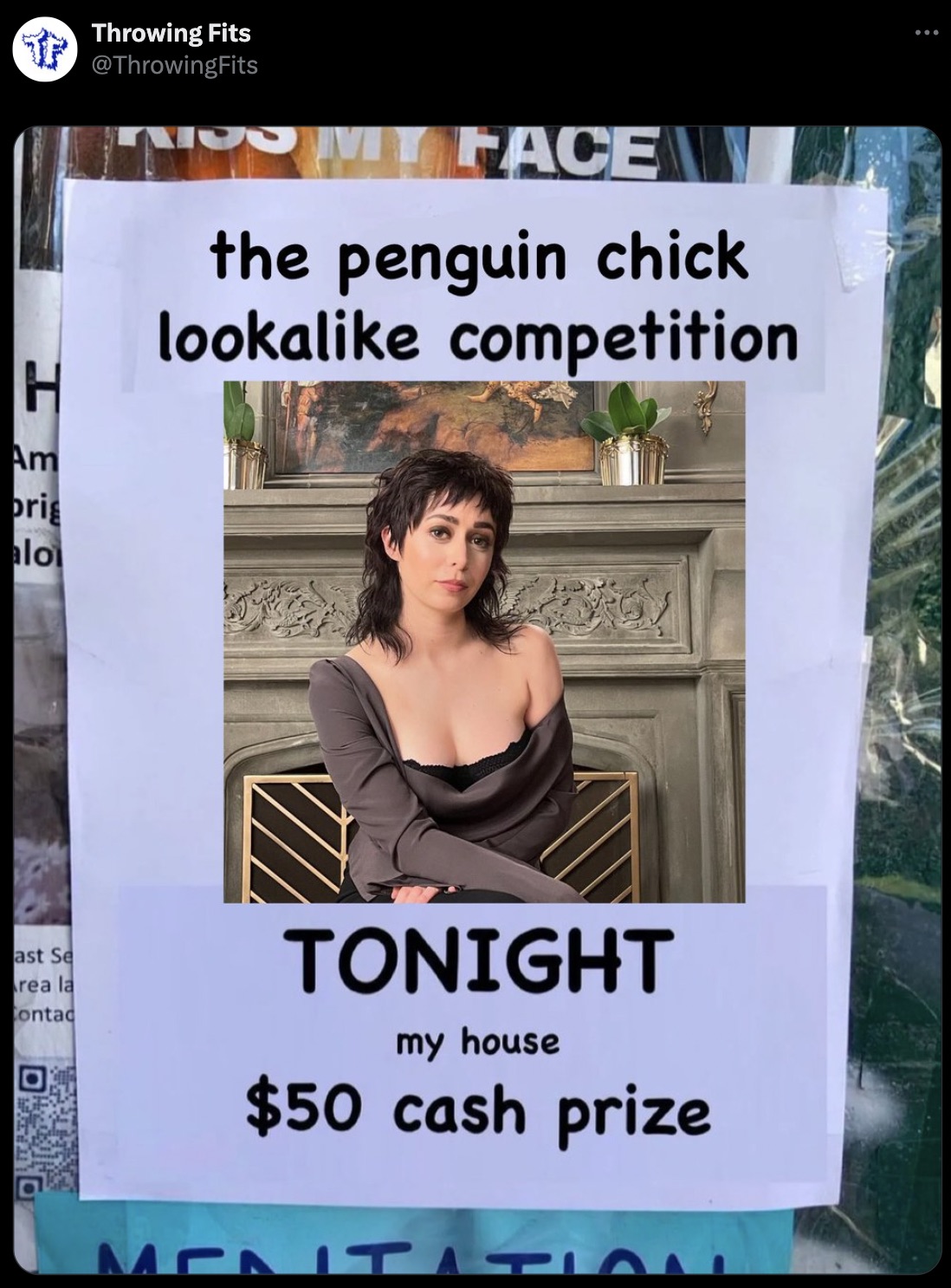 flyer - Tp H Am orig aloi ast Se rea la Contac Throwing Fits Face the penguin chick looka competition Tonight my house $50 cash prize Men Menitatis